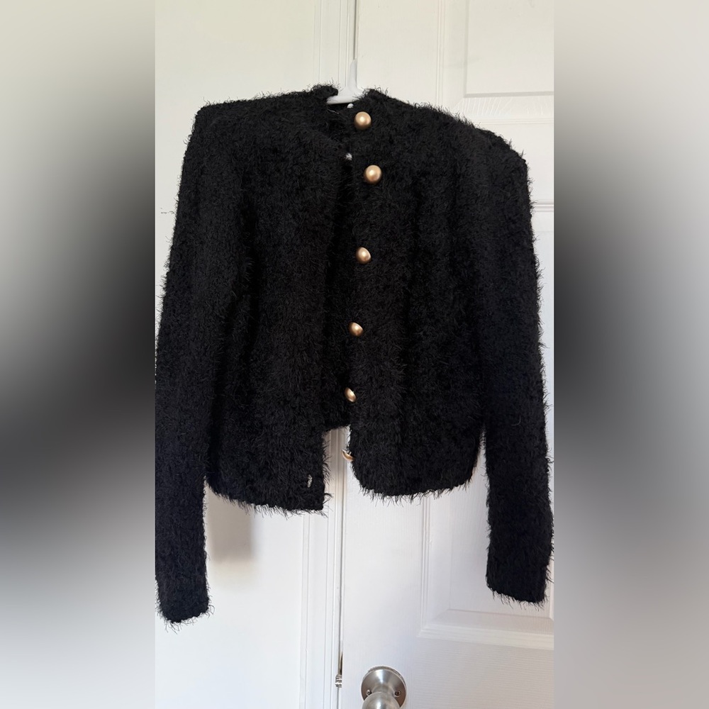 Elegant Black Teddy Jacket with Gold Accents